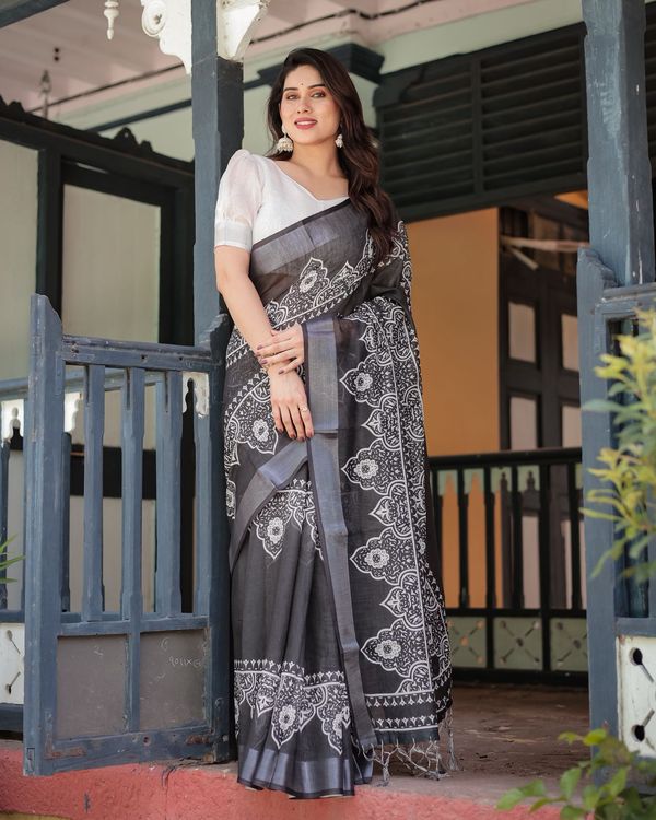 Pure Linen Black Floral Print Saree with Tassel Pallu