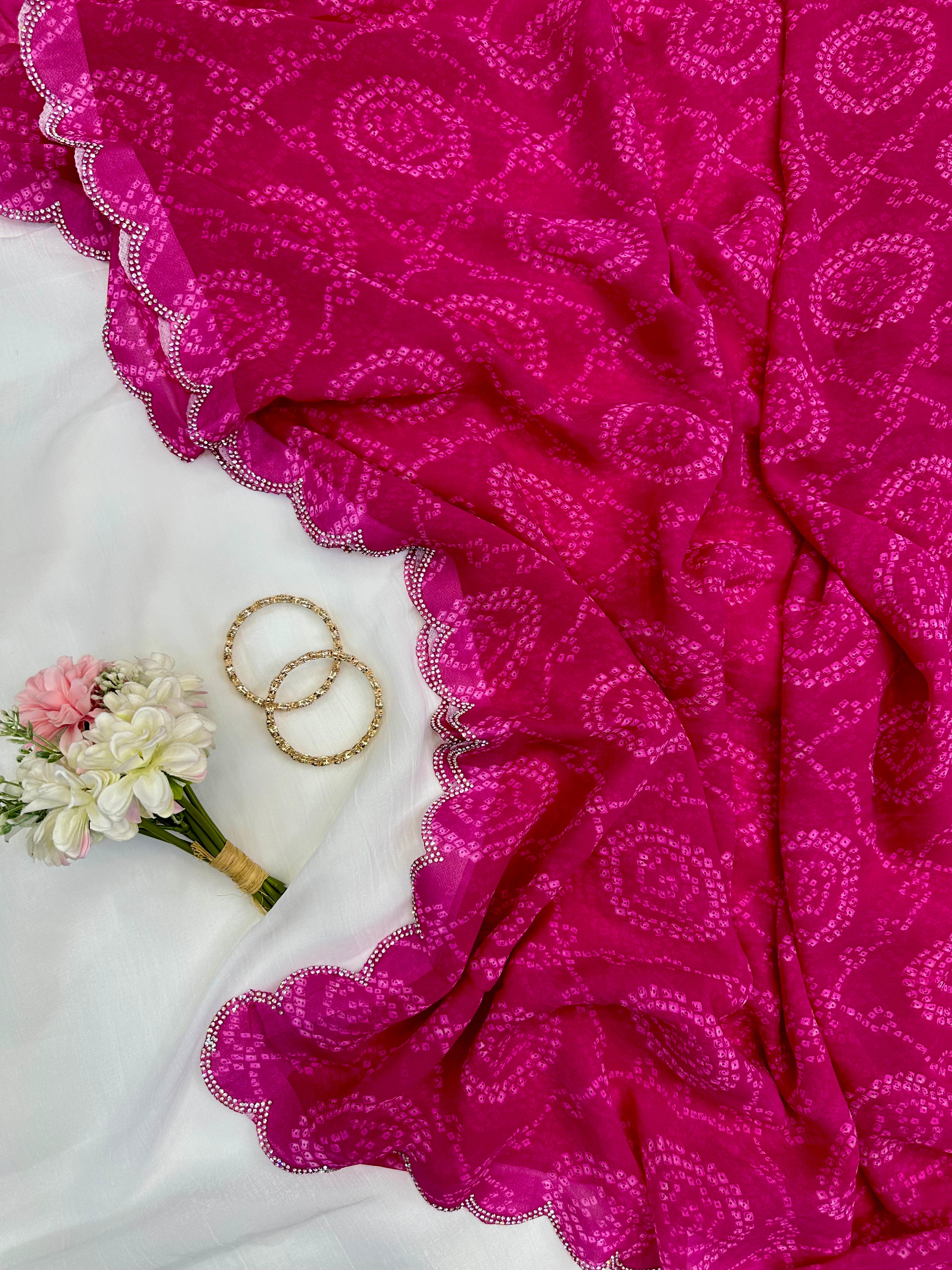Pink Bandhani Georgette Saree With Swarovski Border