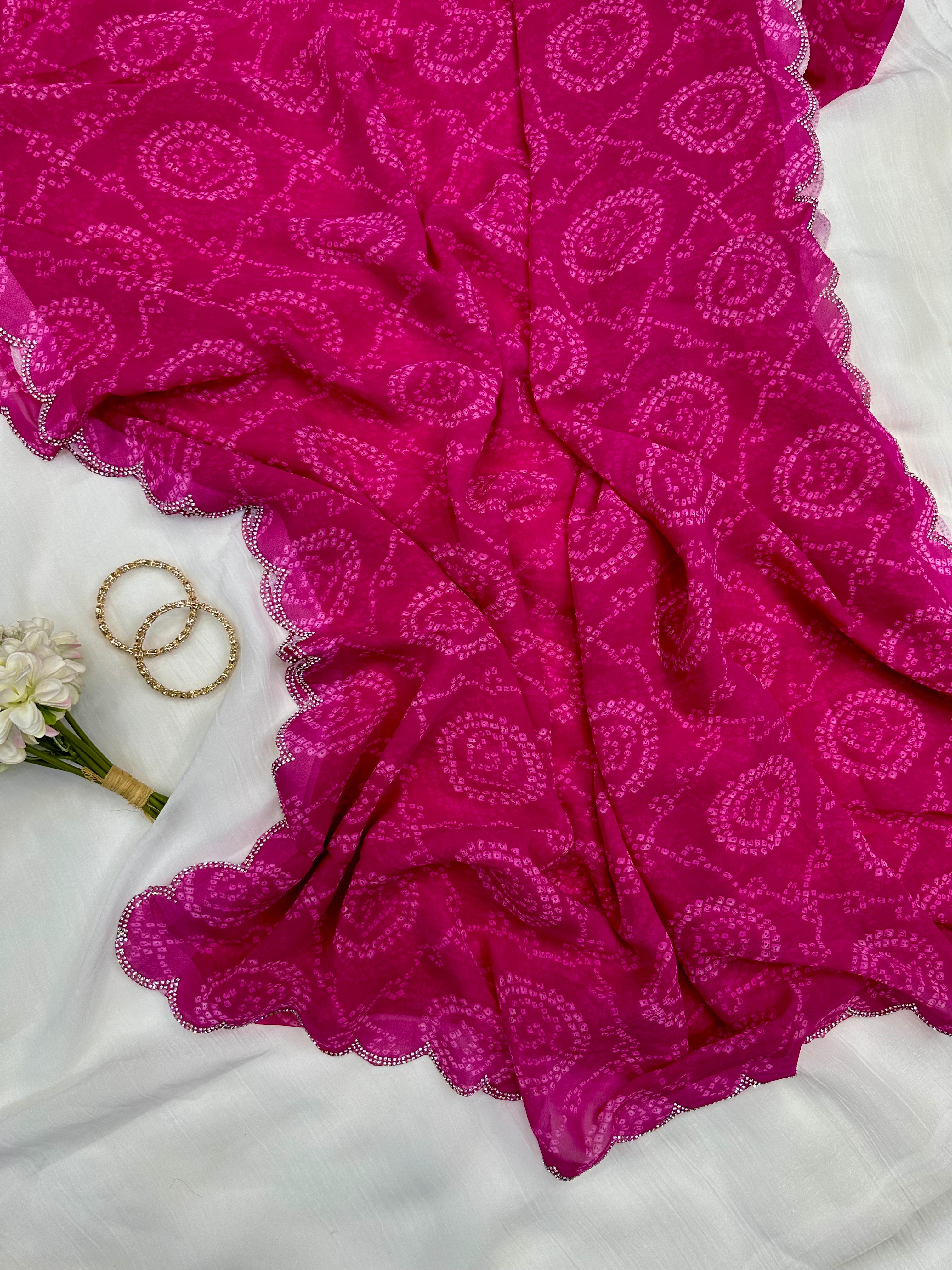 Pink Bandhani Georgette Saree With Swarovski Border