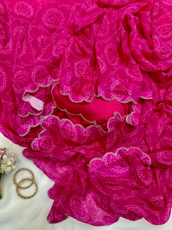 Pink Bandhani Georgette Saree With Swarovski Border