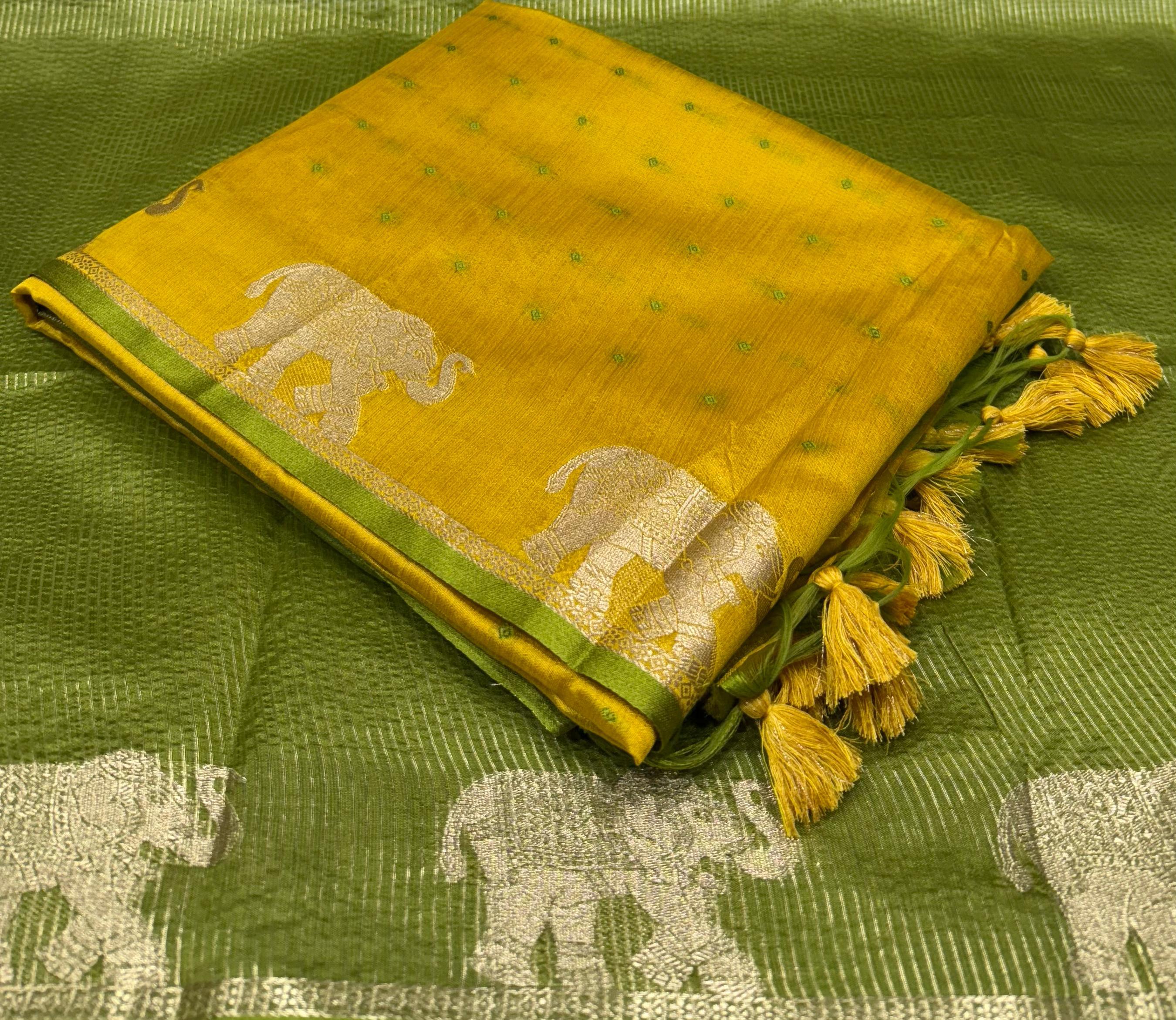 Mustard Bandhani Silk Saree with Elephant Zari Border