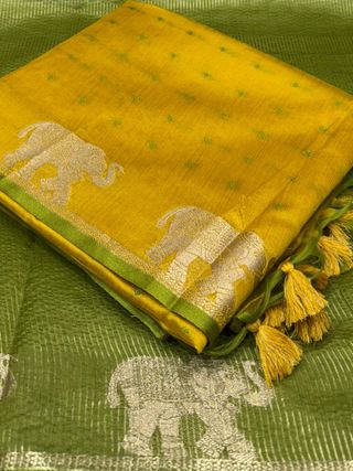 Mustard Bandhani Silk Saree with Elephant Zari Border