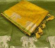 Mustard Bandhani Silk Saree with Elephant Zari Border - Olive