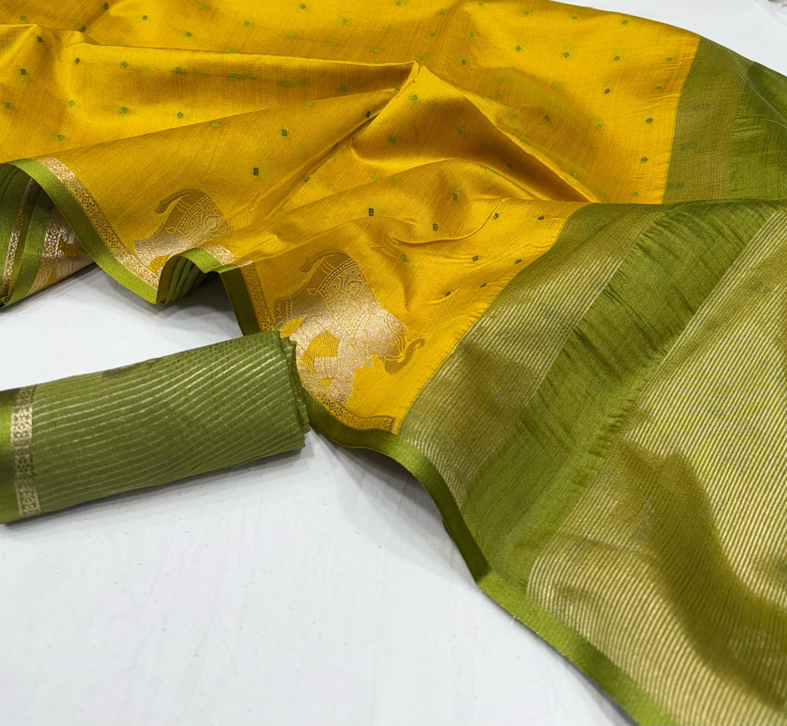 Mustard Bandhani Silk Saree with Elephant Zari Border