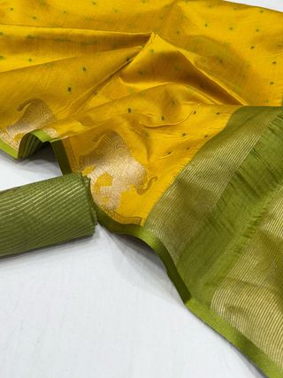 Mustard Bandhani Silk Saree with Elephant Zari Border