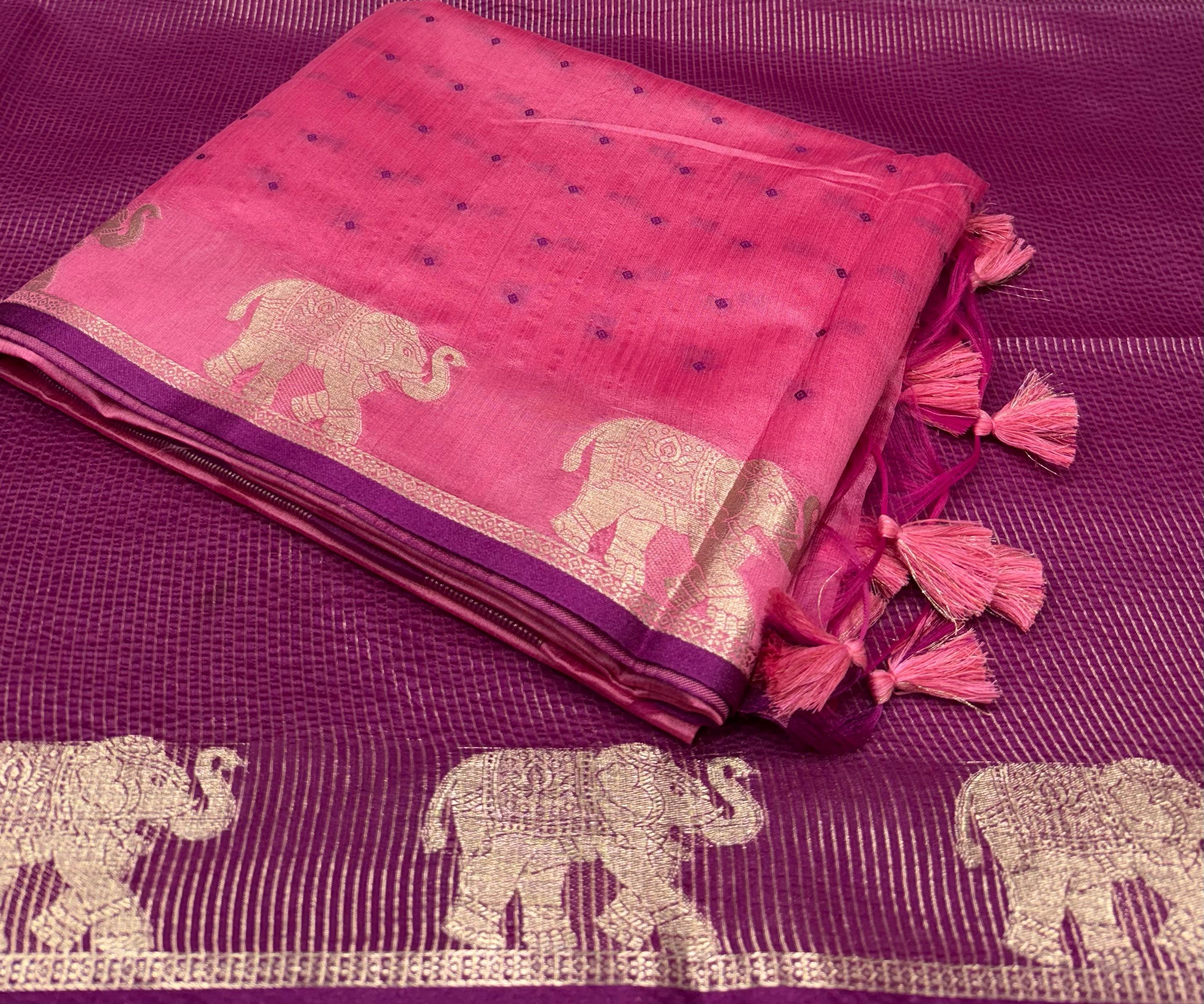 Pink Bandhani Silk Saree with Zari Elephant Border