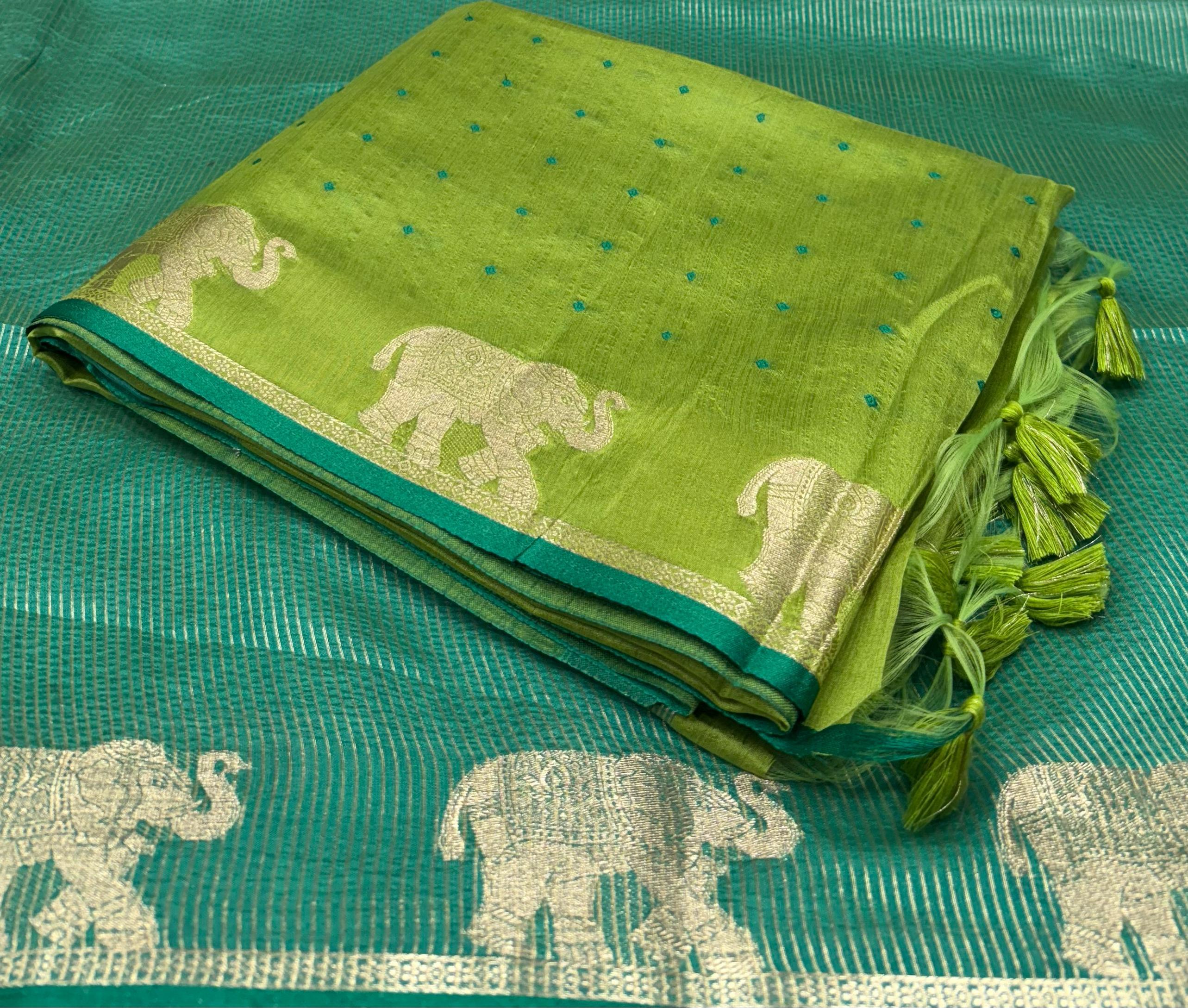 Green Bandhani Silk Saree with Zari Elephant Border