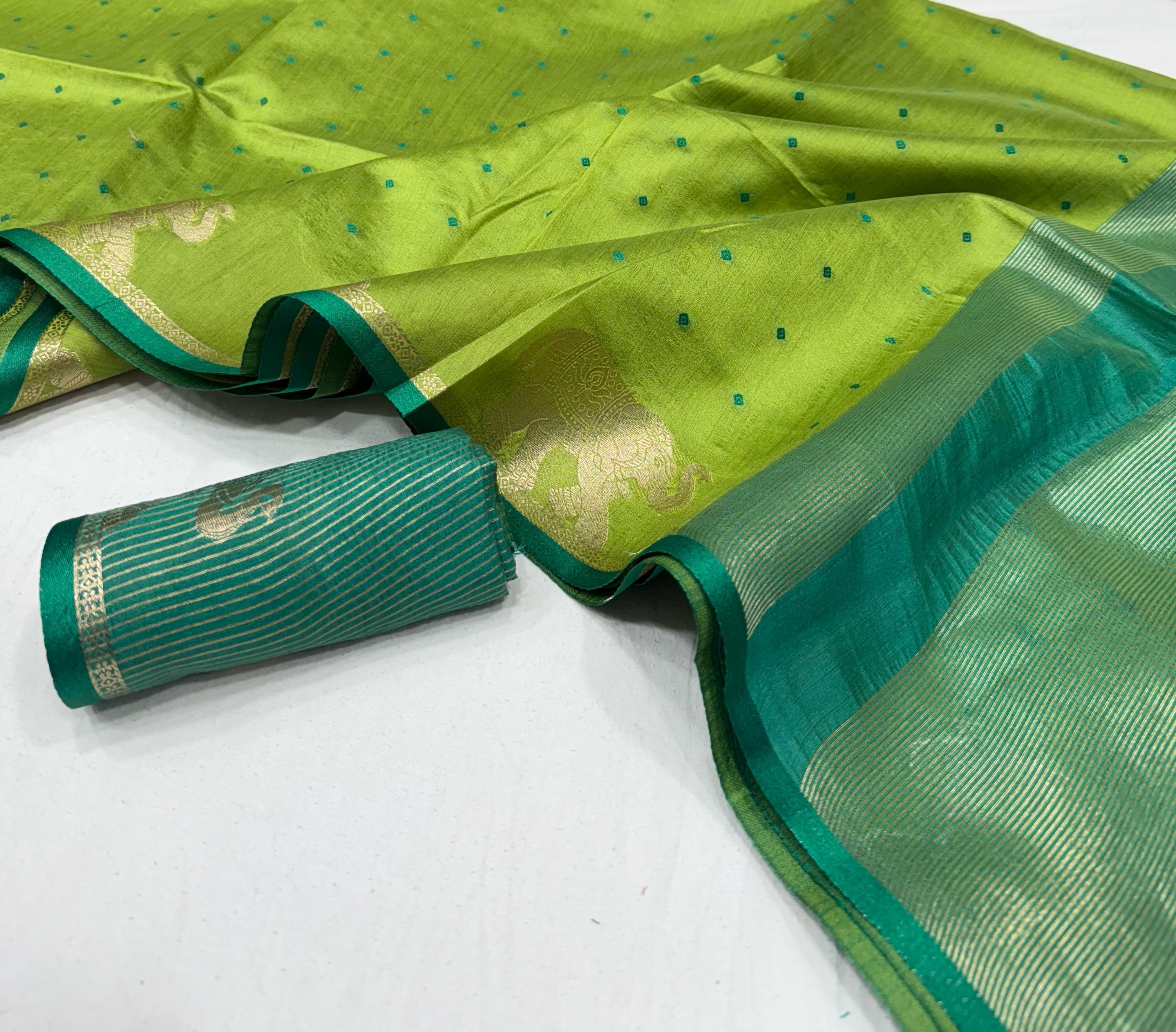 Green Bandhani Silk Saree with Zari Elephant Border