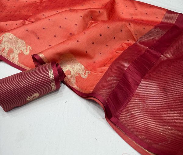 Coral Orange Bandhani Silk Saree with Zari Elephant Border