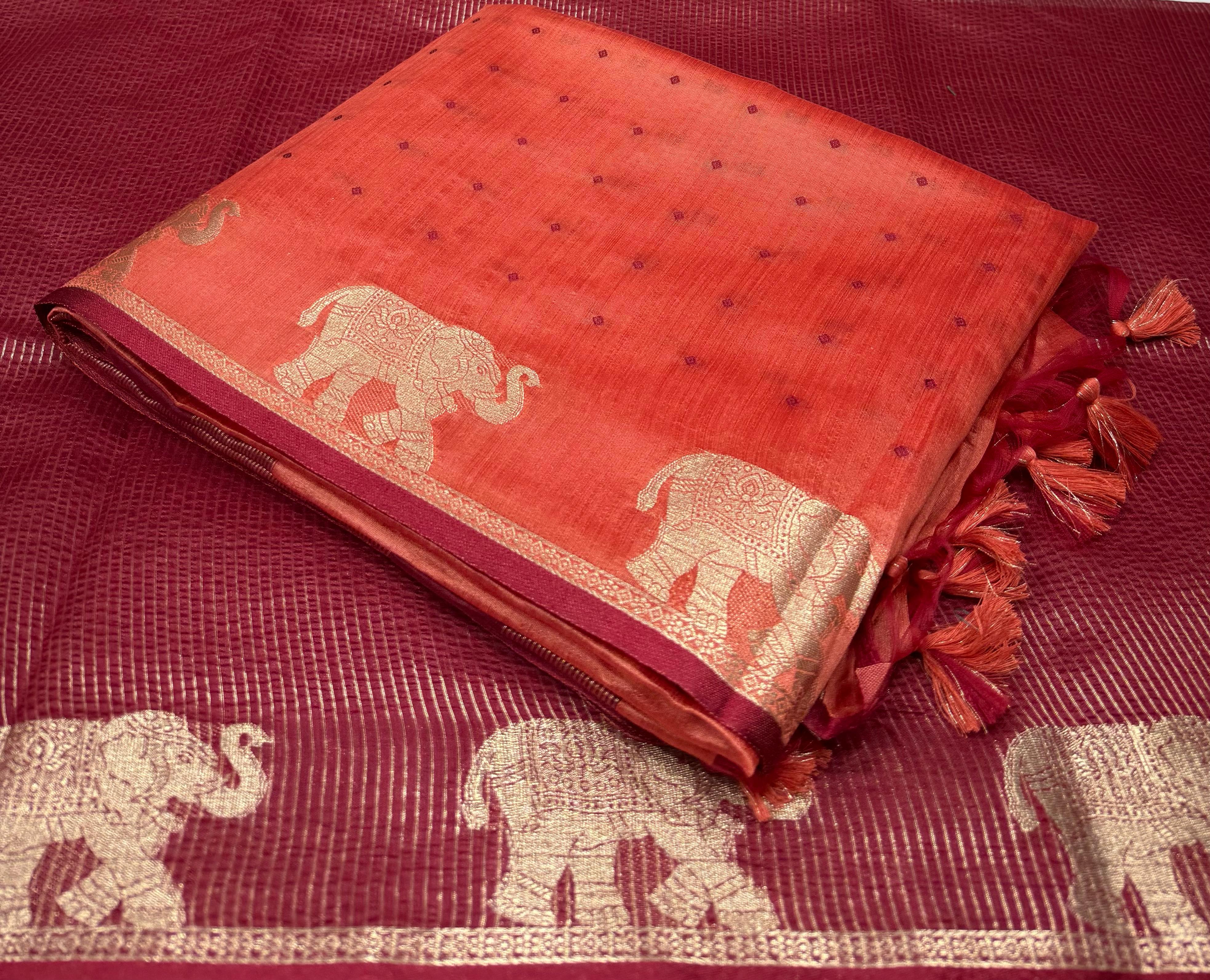 Coral Orange Bandhani Silk Saree with Zari Elephant Border