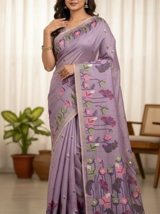 Lavender Muga Cotton Saree with Lotus Jamdani Pallu