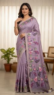Lavender Muga Cotton Saree with Lotus Jamdani Pallu - Lavender