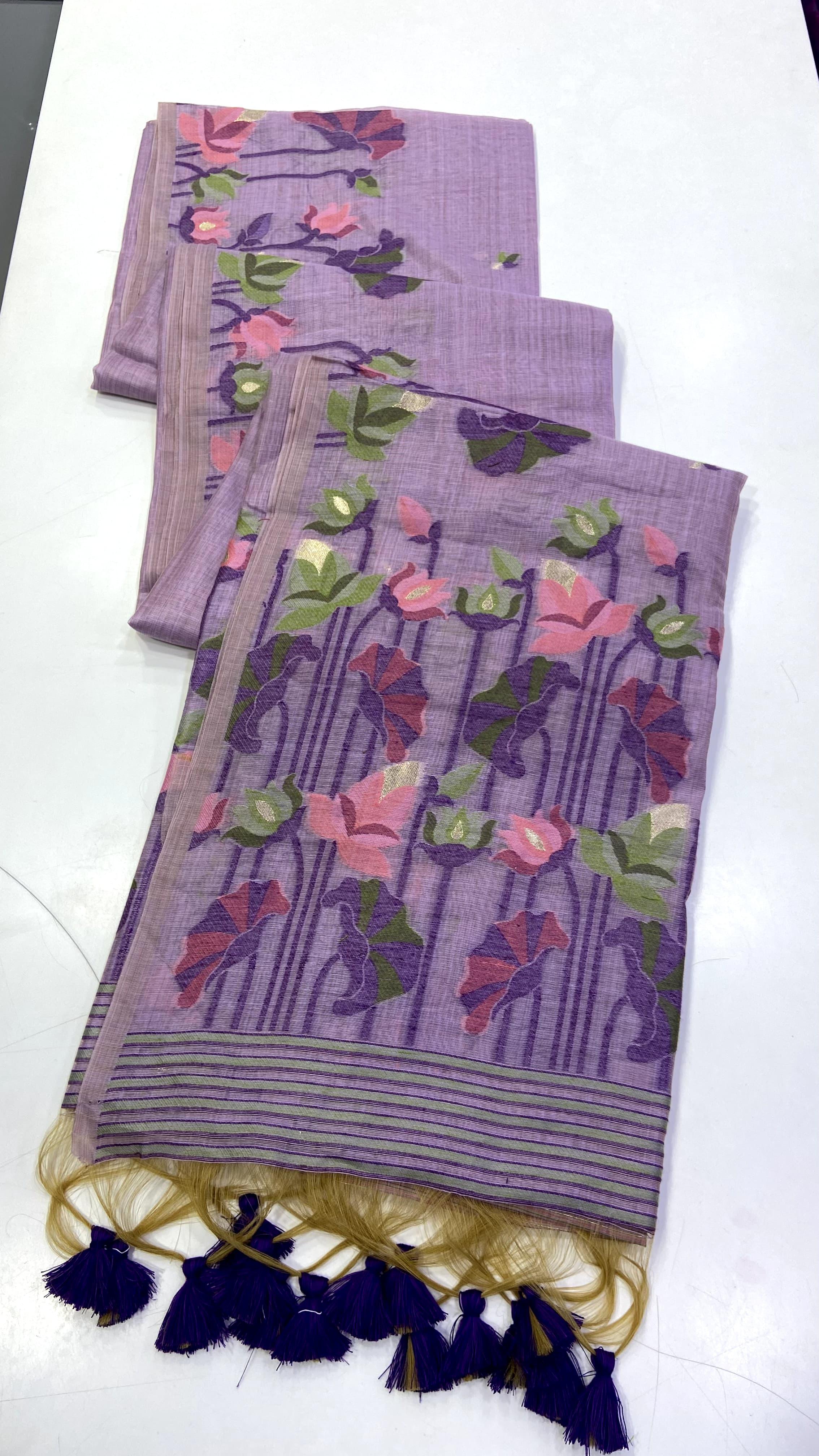 Lavender Muga Cotton Saree with Lotus Jamdani Pallu