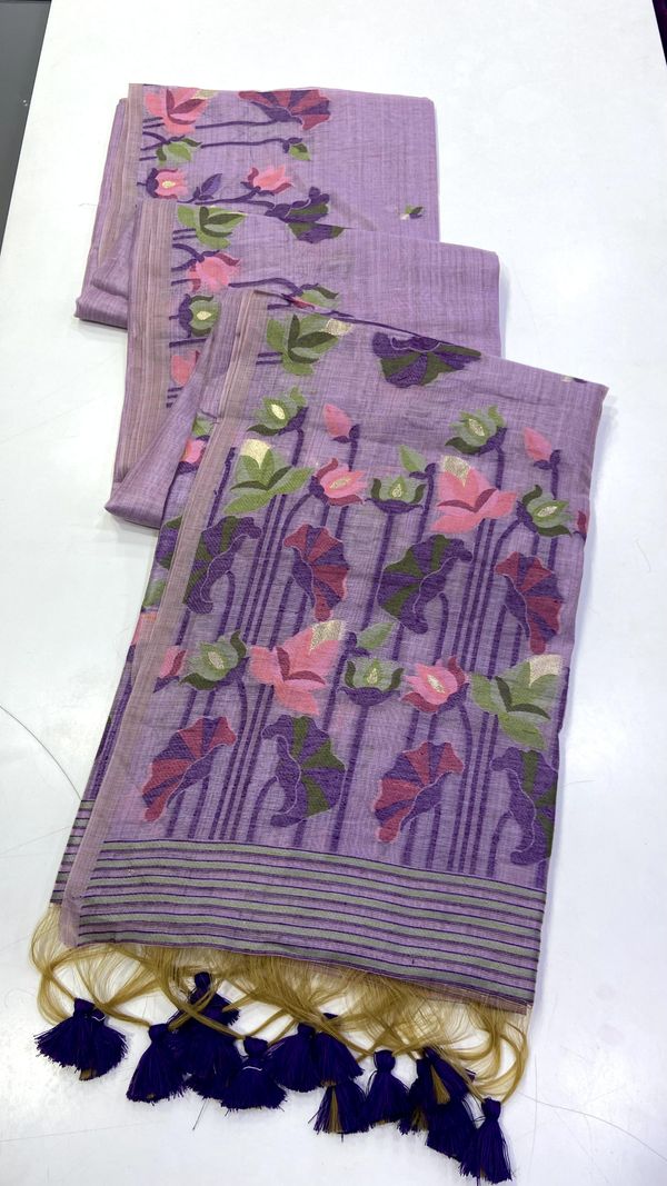 Lavender Muga Cotton Saree With Lotus Jamdani Pallu
