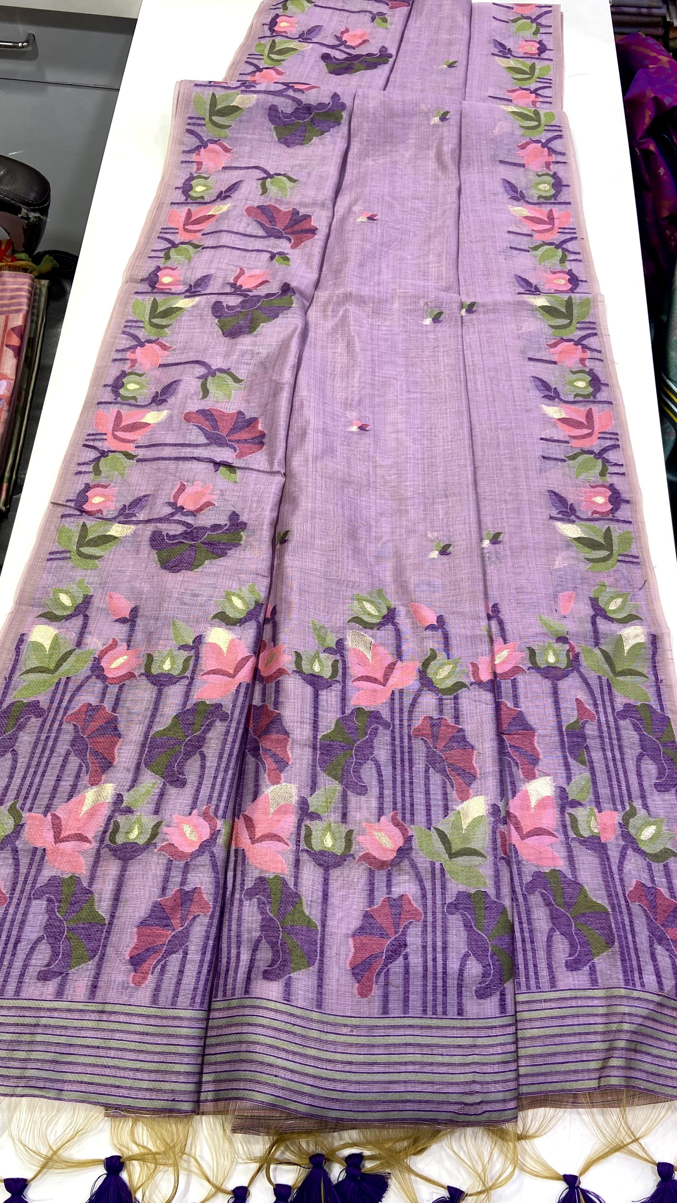 Lavender Muga Cotton Saree with Lotus Jamdani Pallu