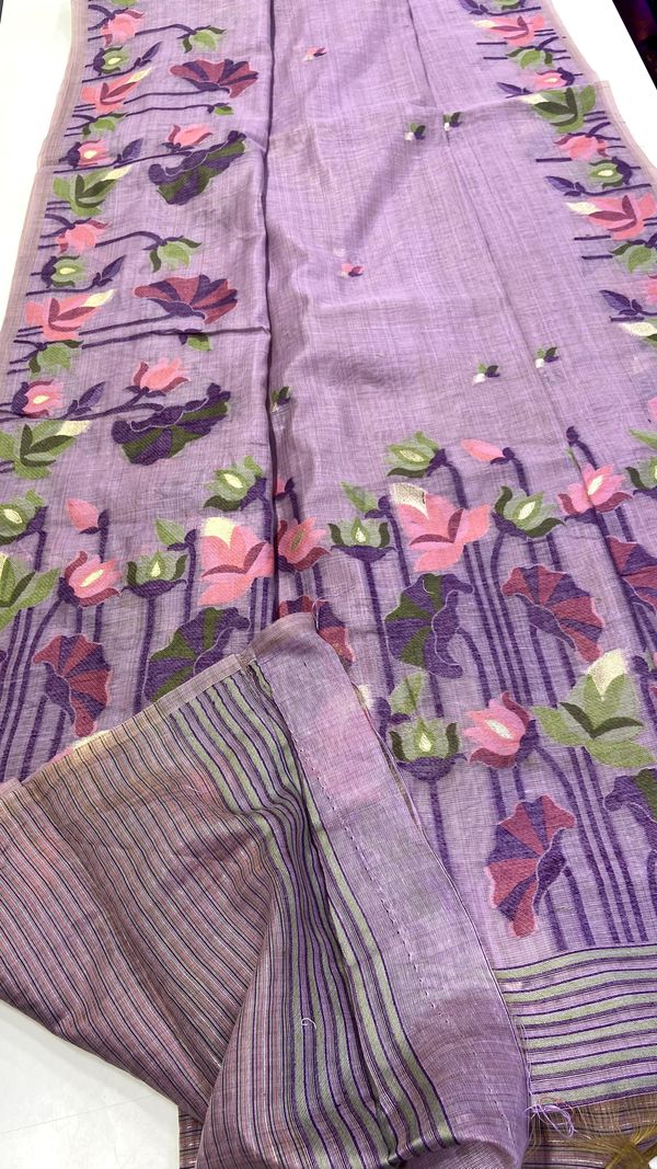 Lavender Muga Cotton Saree with Lotus Jamdani Pallu