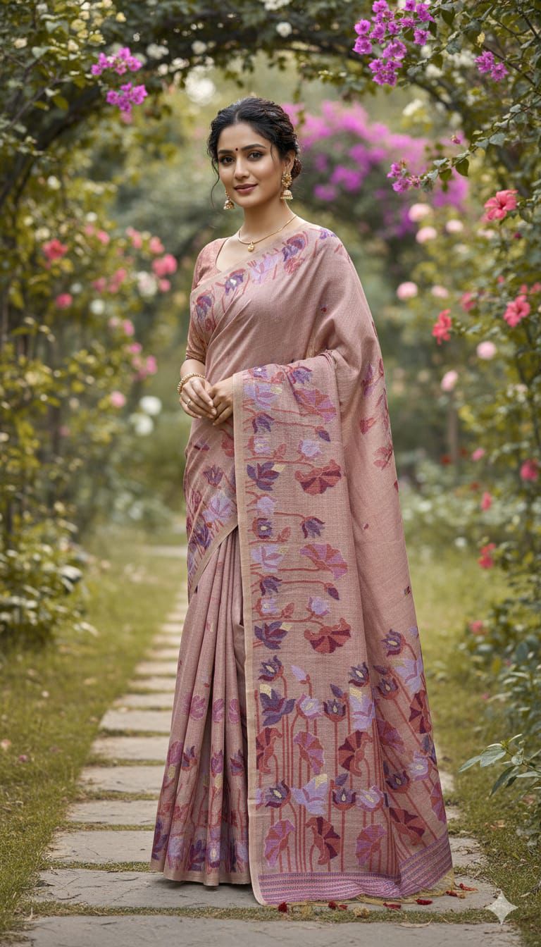 Blush Peach Muga Cotton Saree with Jamdani Lotus Pallu
