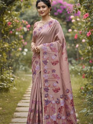 Blush Peach Muga Cotton Saree with Jamdani Lotus Pallu