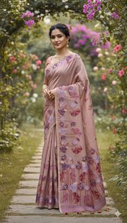 Blush Peach Muga Cotton Saree with Jamdani Lotus Pallu - Peach