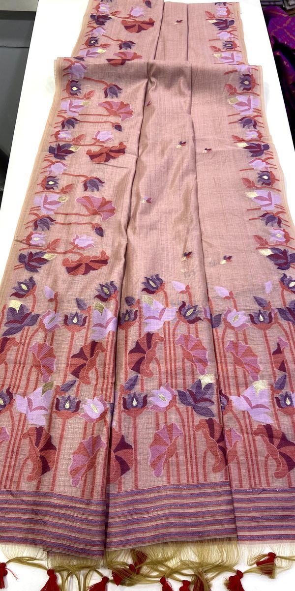 Blush Peach Muga Cotton Saree with Jamdani Lotus Pallu