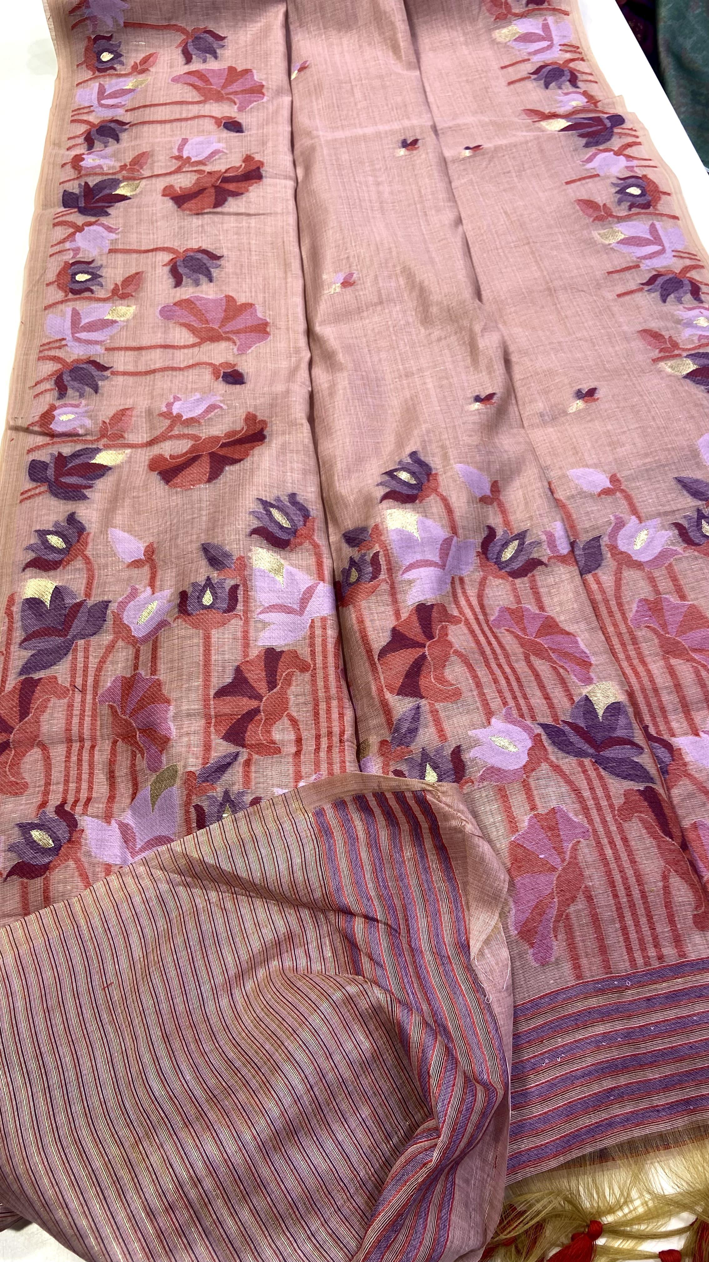 Blush Peach Muga Cotton Saree with Jamdani Lotus Pallu