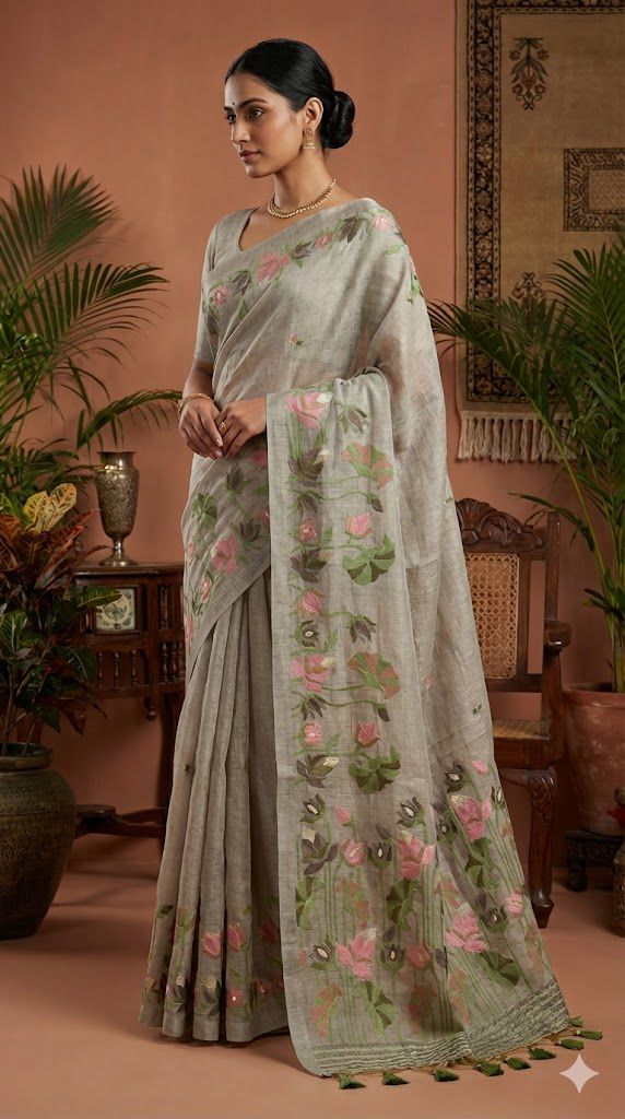 Sage Green Muga Cotton Saree with Lotus Jamdani Pallu