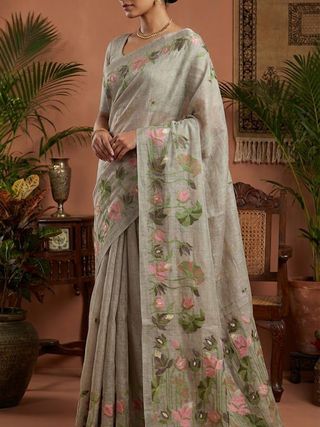 Sage Green Muga Cotton Saree with Lotus Jamdani Pallu