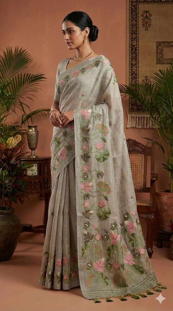 Sage Green Muga Cotton Saree With Lotus Jamdani Pallu