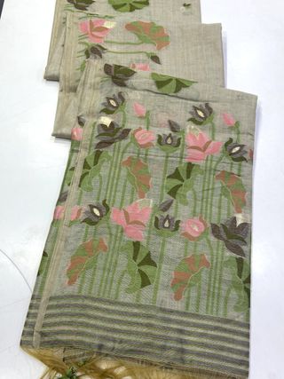 Sage Green Muga Cotton Saree with Lotus Jamdani Pallu