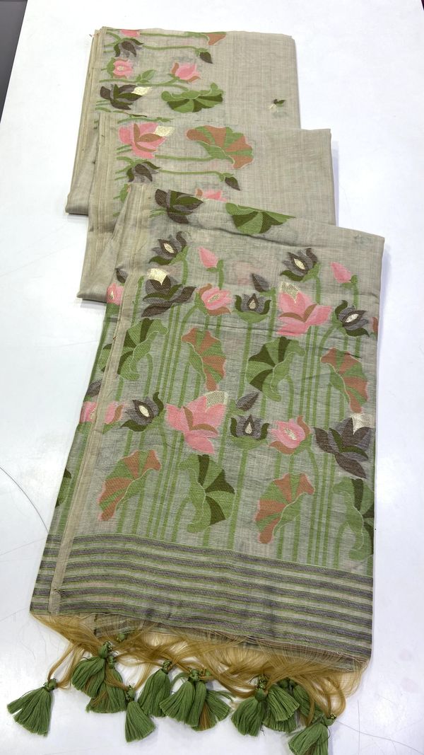 Sage Green Muga Cotton Saree With Lotus Jamdani Pallu
