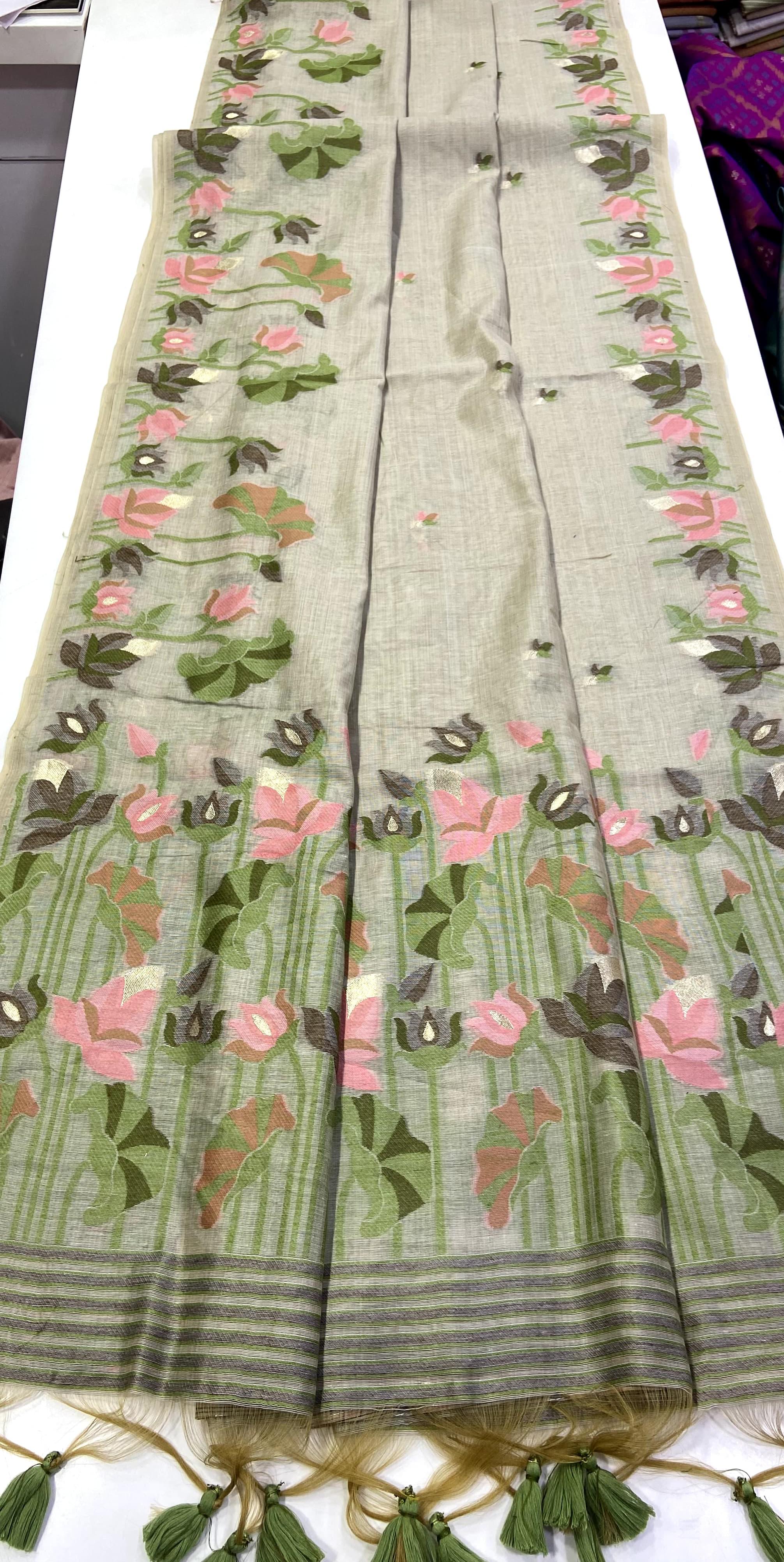 Sage Green Muga Cotton Saree with Lotus Jamdani Pallu