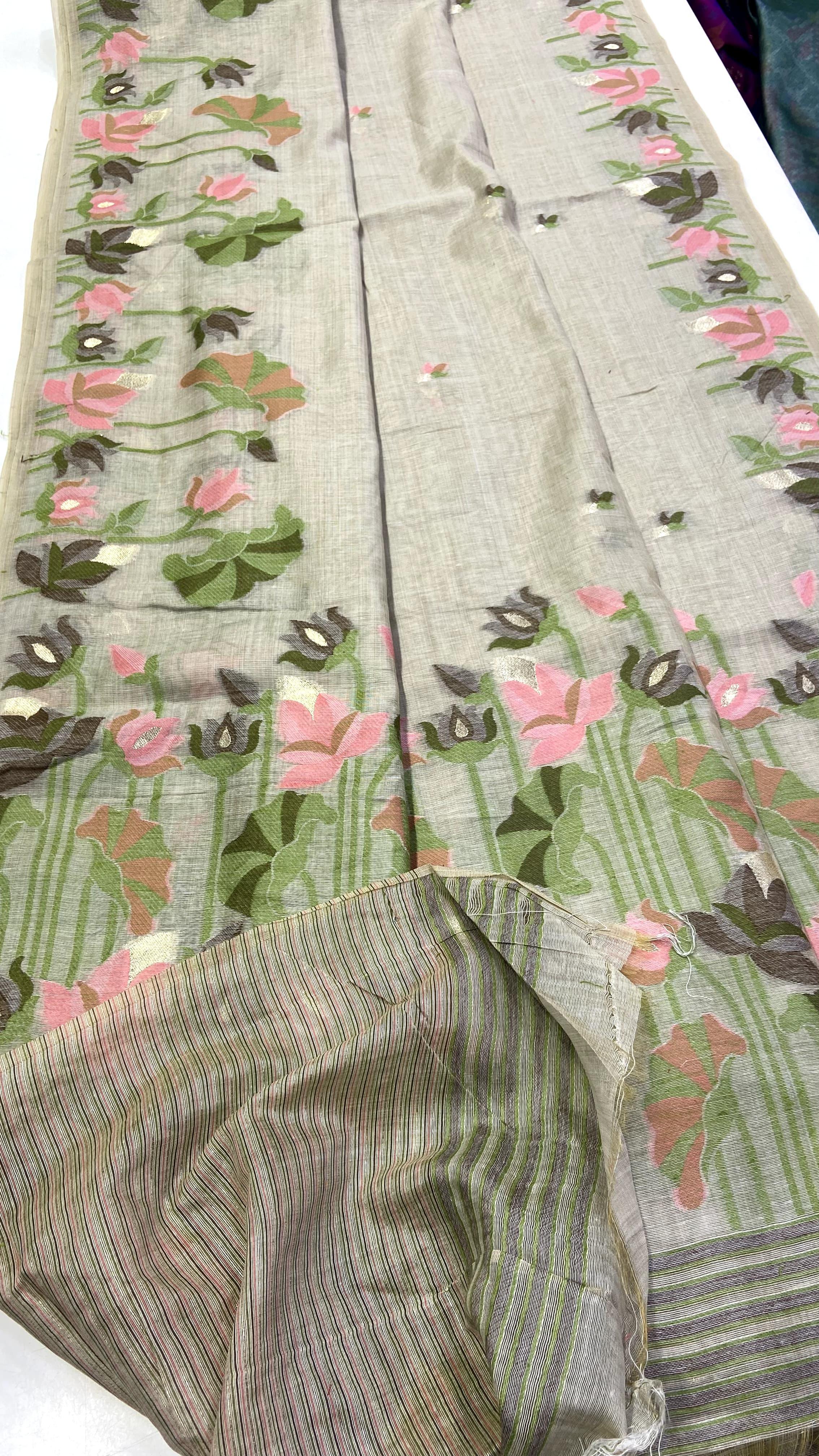 Sage Green Muga Cotton Saree with Lotus Jamdani Pallu