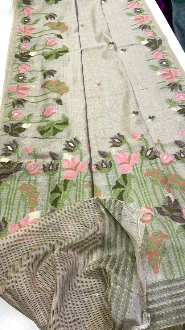 Sage Green Muga Cotton Saree with Lotus Jamdani Pallu