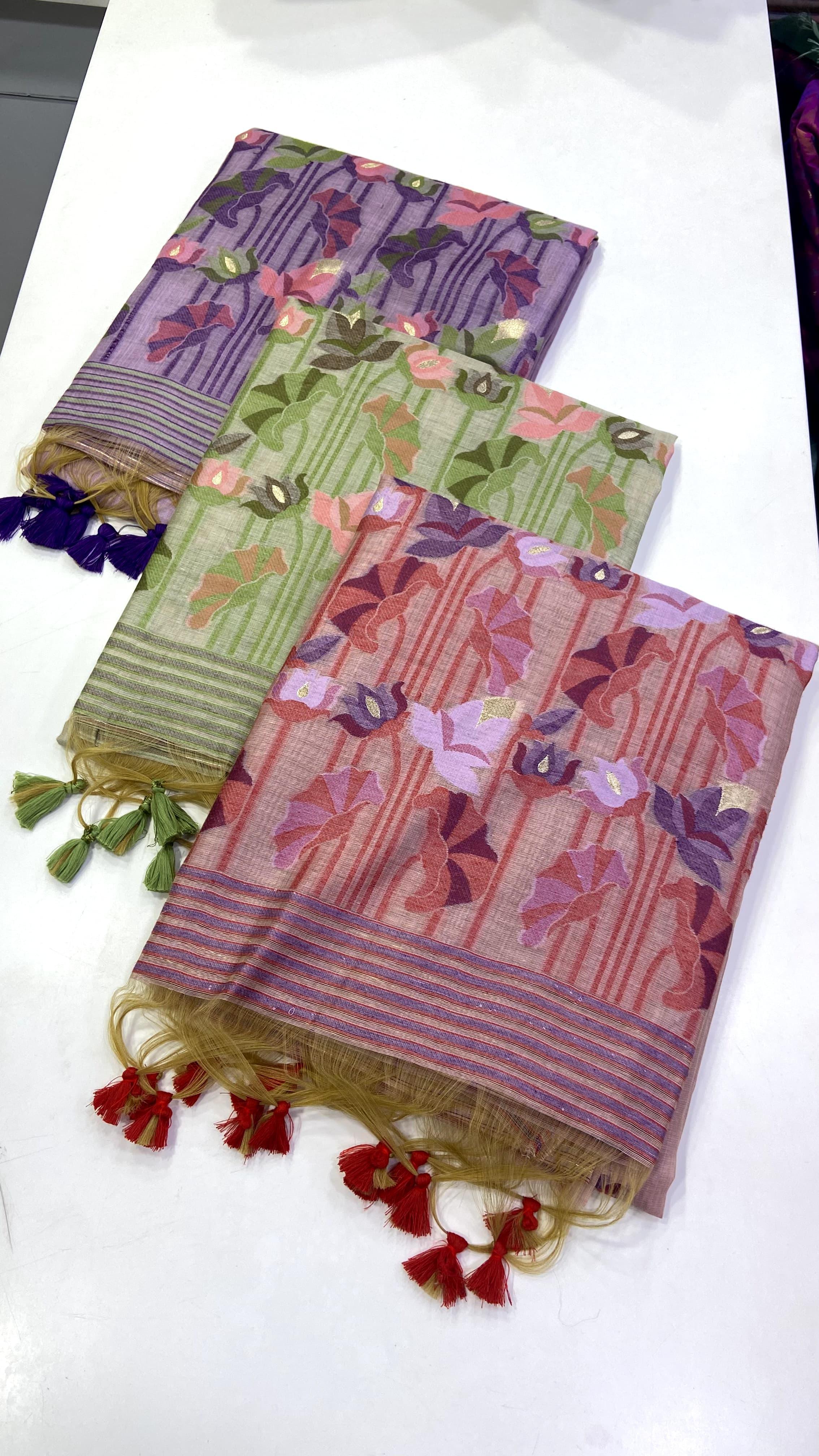 Sage Green Muga Cotton Saree with Lotus Jamdani Pallu