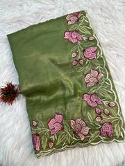 Olive Green Gold Crush Saree with Floral Threadwork - Olive