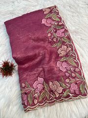 Wine Pink Gold Crush Saree with Floral Threadwork - wine