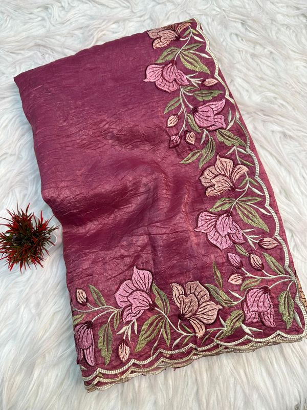 Wine Pink Gold Crush Saree With Floral Threadwork