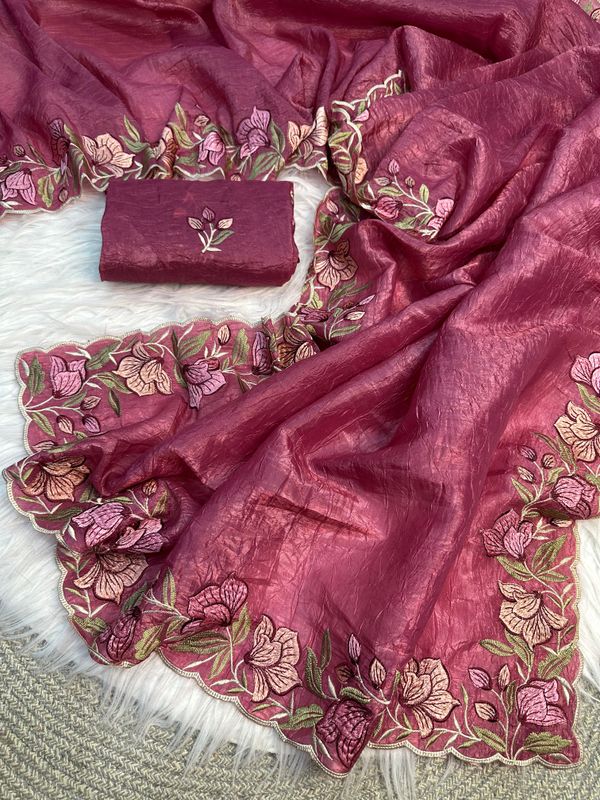 Wine Pink Gold Crush Saree With Floral Threadwork