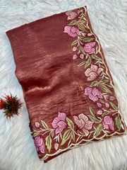 Rust Brown Gold Crush Saree with Floral Threadwork - Brown