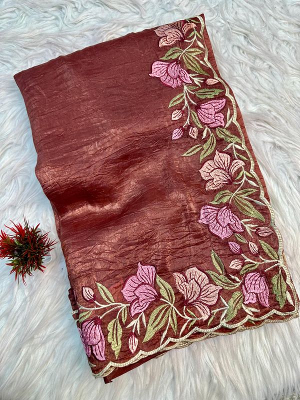 Rust Brown Gold Crush Saree with Floral Threadwork