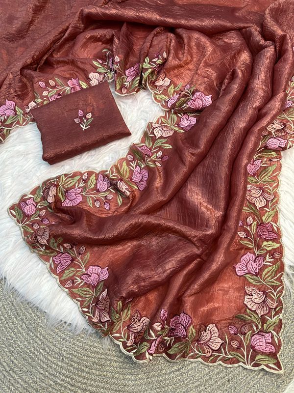 Rust Brown Gold Crush Saree with Floral Threadwork