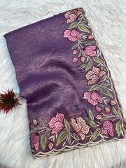 Purple Gold Crush Saree with Floral Threadwork Border - Lavender