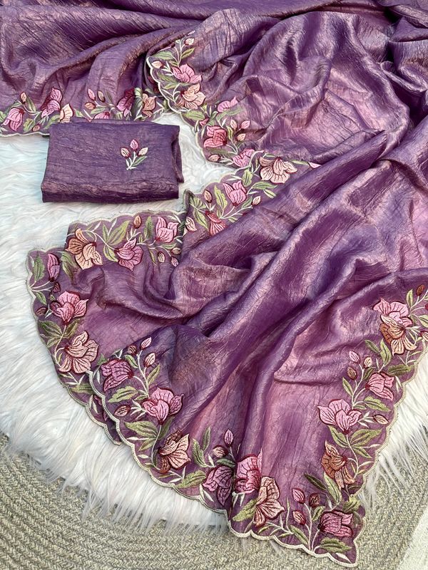 Purple Gold Crush Saree With Floral Threadwork Border