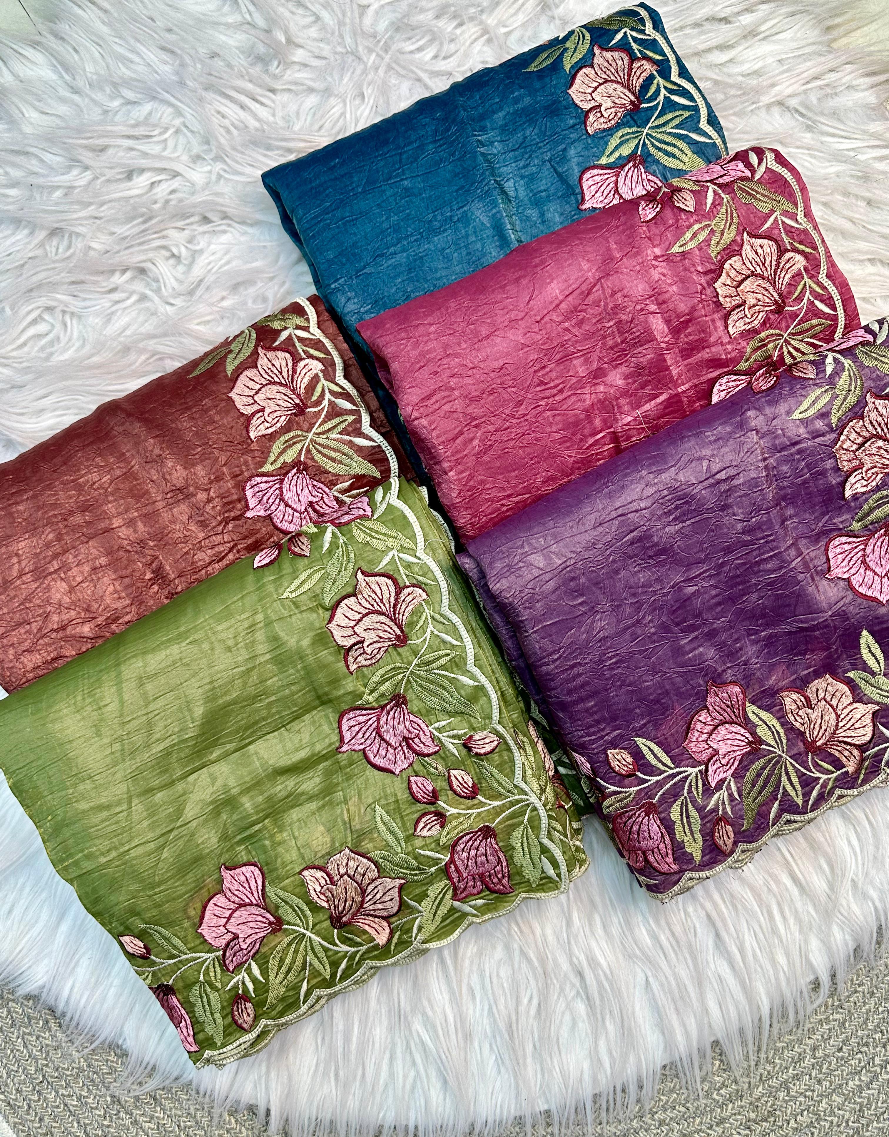 Purple Gold Crush Saree with Floral Threadwork Border