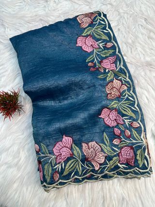 Teal Blue Gold Crush Saree with Floral Threadwork
