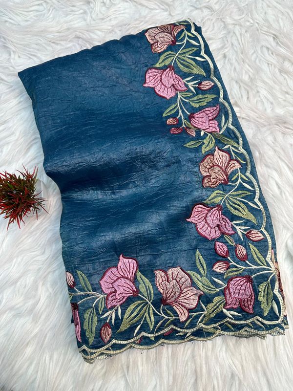 Teal Blue Gold Crush Saree with Floral Threadwork