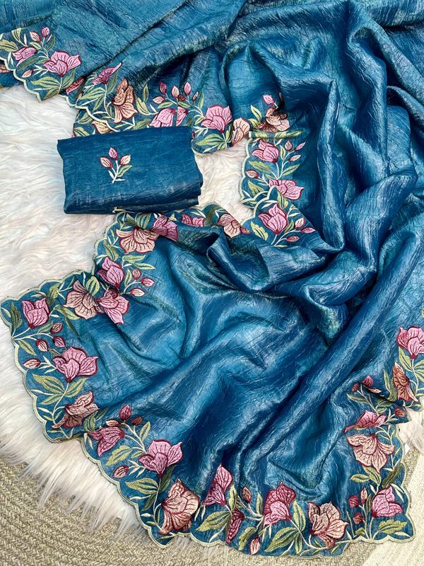 Teal Blue Gold Crush Saree with Floral Threadwork