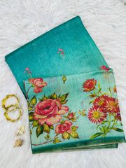 Teal Green Floral Printed Linen Tissue Saree for Women - Green