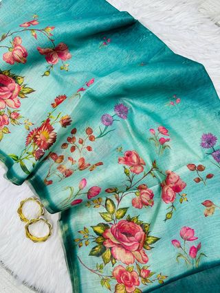 Teal Green Floral Printed Linen Tissue Saree for Women