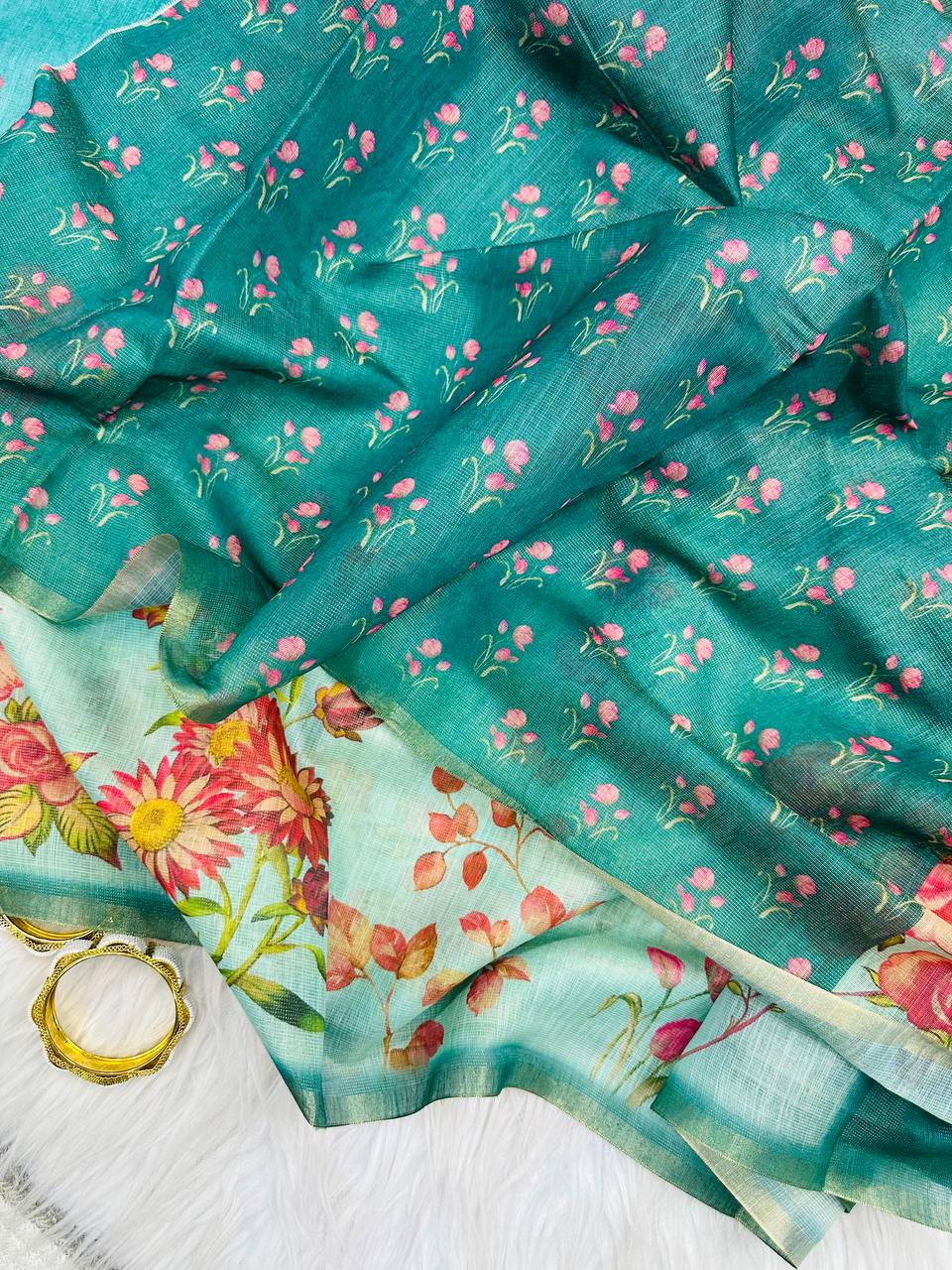 Teal Green Floral Printed Linen Tissue Saree for Women